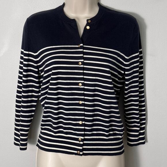 J. Crew Women's Striped Navy White Button Front Cardigan Size M - Picture 1 of 7